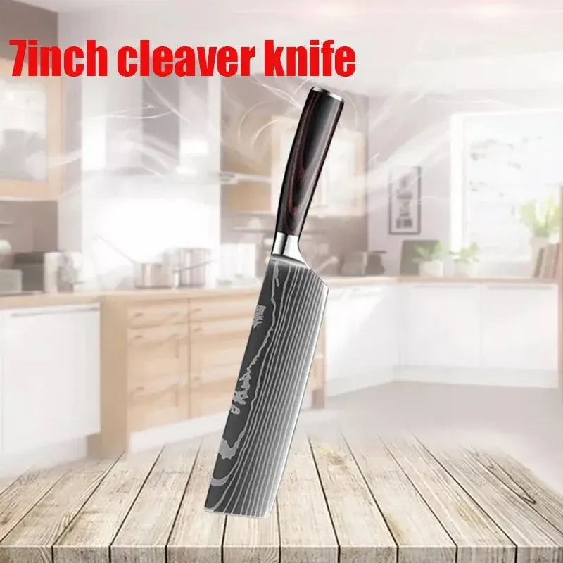 1-6 Pcs Set Kitchen Knives Set Stainless Steel 7CR17 440C Laser Damascus Japanese Santoku Cleaver Slicing Utility Chef Knife