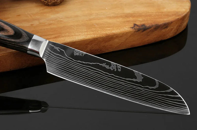 1-6 Pcs Set Kitchen Knives Set Stainless Steel 7CR17 440C Laser Damascus Japanese Santoku Cleaver Slicing Utility Chef Knife
