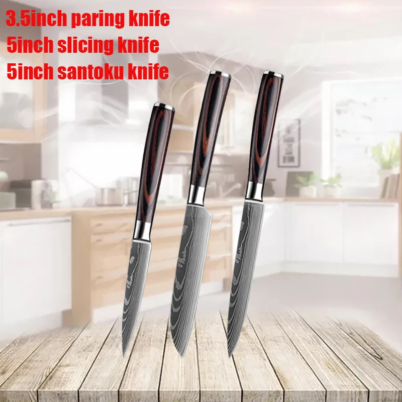 1-6 Pcs Set Kitchen Knives Set Stainless Steel 7CR17 440C Laser Damascus Japanese Santoku Cleaver Slicing Utility Chef Knife
