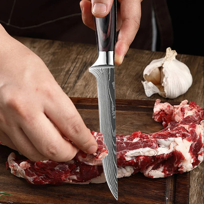 1-6 Pcs Set Kitchen Knives Set Stainless Steel 7CR17 440C Laser Damascus Japanese Santoku Cleaver Slicing Utility Chef Knife
