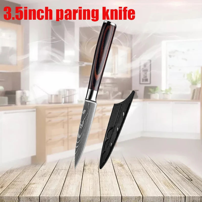 1-6 Pcs Set Kitchen Knives Set Stainless Steel 7CR17 440C Laser Damascus Japanese Santoku Cleaver Slicing Utility Chef Knife