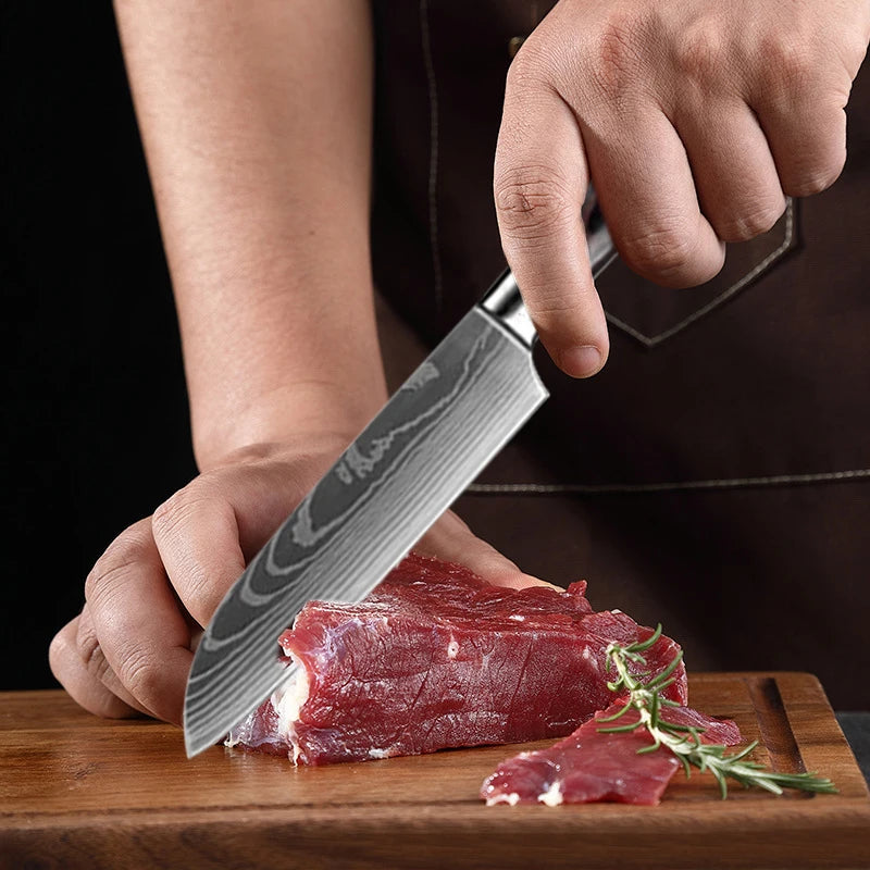 1-6 Pcs Set Kitchen Knives Set Stainless Steel 7CR17 440C Laser Damascus Japanese Santoku Cleaver Slicing Utility Chef Knife