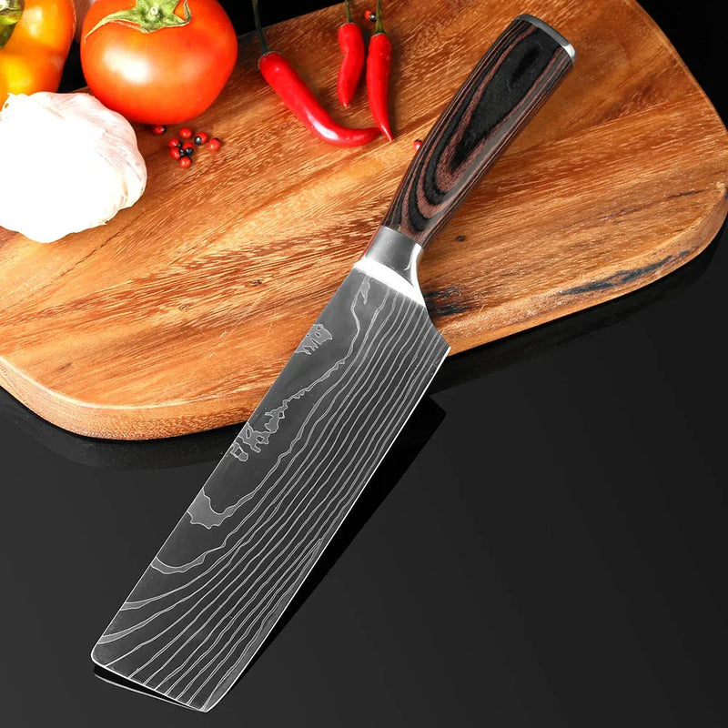 1-6 Pcs Set Kitchen Knives Set Stainless Steel 7CR17 440C Laser Damascus Japanese Santoku Cleaver Slicing Utility Chef Knife
