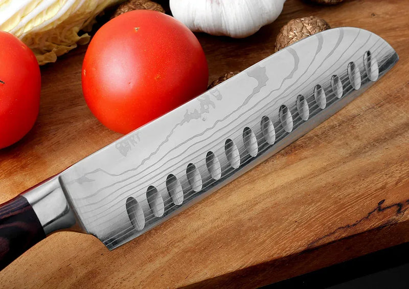 1-6 Pcs Set Kitchen Knives Set Stainless Steel 7CR17 440C Laser Damascus Japanese Santoku Cleaver Slicing Utility Chef Knife
