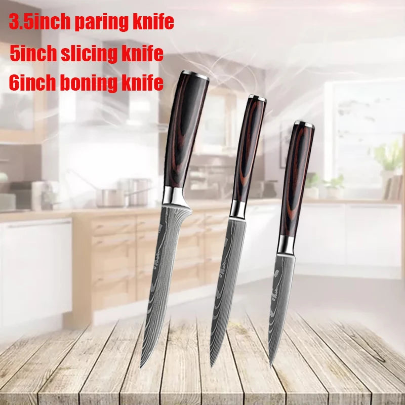 1-6 Pcs Set Kitchen Knives Set Stainless Steel 7CR17 440C Laser Damascus Japanese Santoku Cleaver Slicing Utility Chef Knife
