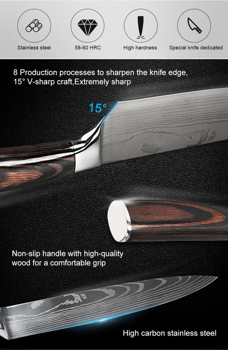 1-6 Pcs Set Kitchen Knives Set Stainless Steel 7CR17 440C Laser Damascus Japanese Santoku Cleaver Slicing Utility Chef Knife