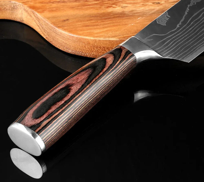 1-6 Pcs Set Kitchen Knives Set Stainless Steel 7CR17 440C Laser Damascus Japanese Santoku Cleaver Slicing Utility Chef Knife