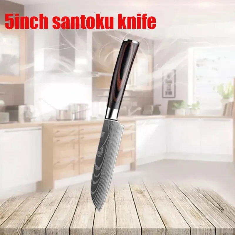 1-6 Pcs Set Kitchen Knives Set Stainless Steel 7CR17 440C Laser Damascus Japanese Santoku Cleaver Slicing Utility Chef Knife