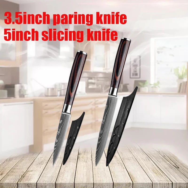 1-6 Pcs Set Kitchen Knives Set Stainless Steel 7CR17 440C Laser Damascus Japanese Santoku Cleaver Slicing Utility Chef Knife