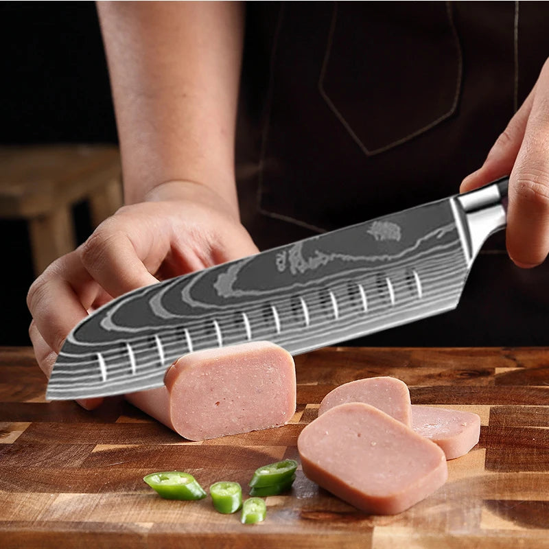 1-6 Pcs Set Kitchen Knives Set Stainless Steel 7CR17 440C Laser Damascus Japanese Santoku Cleaver Slicing Utility Chef Knife