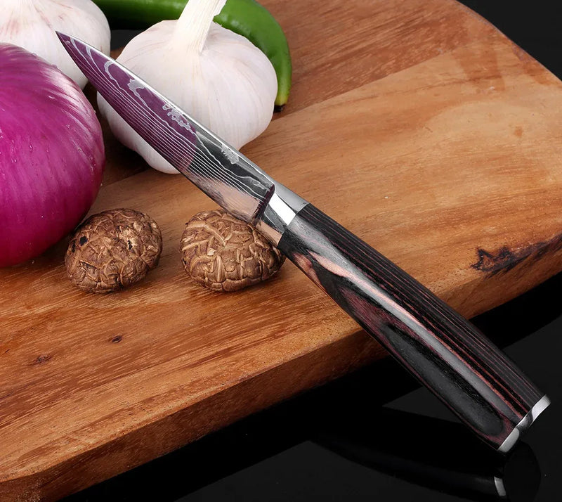 1-6 Pcs Set Kitchen Knives Set Stainless Steel 7CR17 440C Laser Damascus Japanese Santoku Cleaver Slicing Utility Chef Knife