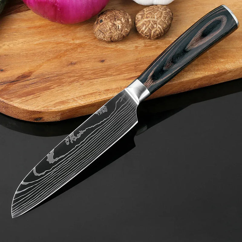 1-6 Pcs Set Kitchen Knives Set Stainless Steel 7CR17 440C Laser Damascus Japanese Santoku Cleaver Slicing Utility Chef Knife