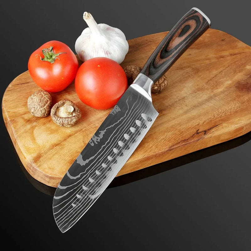 1-6 Pcs Set Kitchen Knives Set Stainless Steel 7CR17 440C Laser Damascus Japanese Santoku Cleaver Slicing Utility Chef Knife