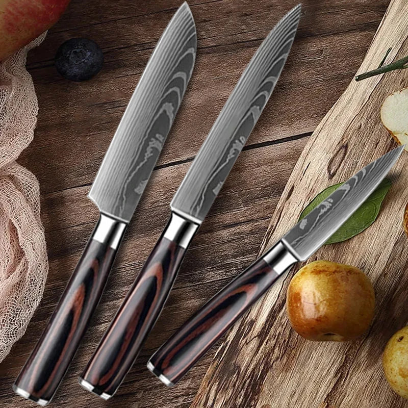 1-6 Pcs Set Kitchen Knives Set Stainless Steel 7CR17 440C Laser Damascus Japanese Santoku Cleaver Slicing Utility Chef Knife
