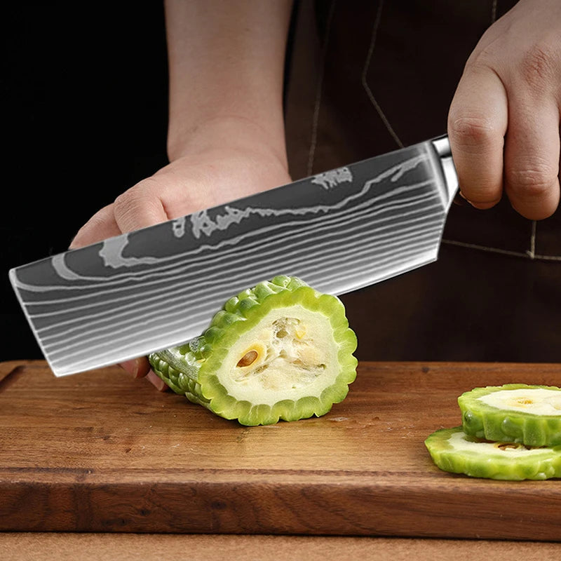 1-6 Pcs Set Kitchen Knives Set Stainless Steel 7CR17 440C Laser Damascus Japanese Santoku Cleaver Slicing Utility Chef Knife