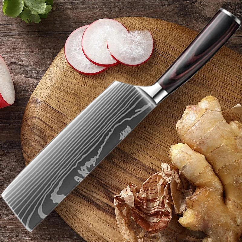 1-6 Pcs Set Kitchen Knives Set Stainless Steel 7CR17 440C Laser Damascus Japanese Santoku Cleaver Slicing Utility Chef Knife