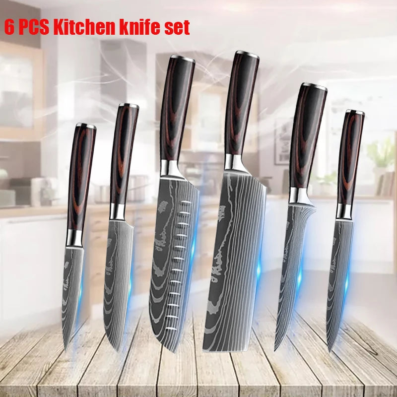 1-6 Pcs Set Kitchen Knives Set Stainless Steel 7CR17 440C Laser Damascus Japanese Santoku Cleaver Slicing Utility Chef Knife