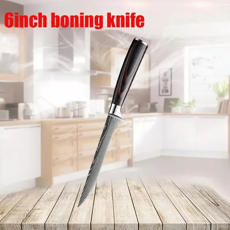 1-6 Pcs Set Kitchen Knives Set Stainless Steel 7CR17 440C Laser Damascus Japanese Santoku Cleaver Slicing Utility Chef Knife