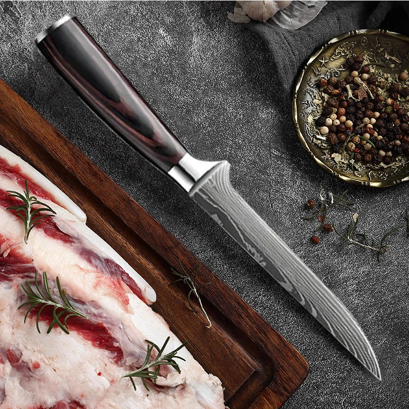 1-6 Pcs Set Kitchen Knives Set Stainless Steel 7CR17 440C Laser Damascus Japanese Santoku Cleaver Slicing Utility Chef Knife