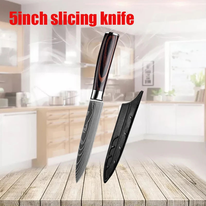 1-6 Pcs Set Kitchen Knives Set Stainless Steel 7CR17 440C Laser Damascus Japanese Santoku Cleaver Slicing Utility Chef Knife