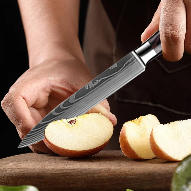 1-6 Pcs Set Kitchen Knives Set Stainless Steel 7CR17 440C Laser Damascus Japanese Santoku Cleaver Slicing Utility Chef Knife